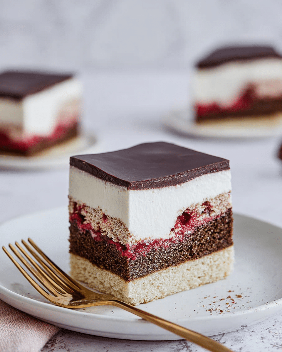 A square slice of layered cake sits on a white plate with a gold fork beside it. The cake has four clear layers: the bottom layer is a light beige sponge, above it is a thick chocolate layer with a visible pink jam spot, then a thick white creamy layer, and the top is covered with a smooth, shiny dark chocolate glaze. The background shows two more slices on white plates, all placed on a white marbled surface. The image is bright and close up, capturing the texture and color contrasts clearly. photo taken with an iphone --ar 4:5 --v 7