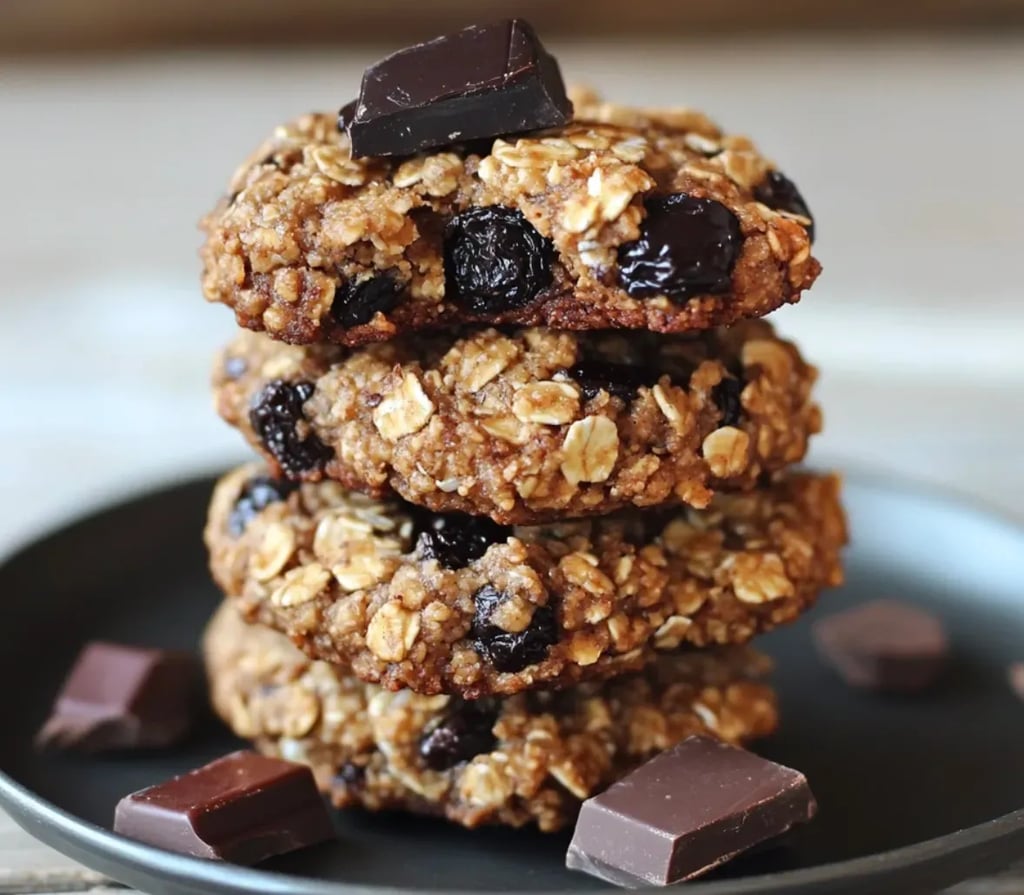 A stack of four thick oatmeal cookies with visible dark raisins is placed in the center of a white plate, each cookie showing a rough, grainy texture with oats clearly visible and a golden-brown color. On top of the stack, there is a piece of dark chocolate, and around the base of the cookies on the plate, several broken pieces of dark chocolate are scattered. The smooth plate sits on a surface with a soft white marbled texture in the background, photo taken with an iphone --ar 4:5 --v 7