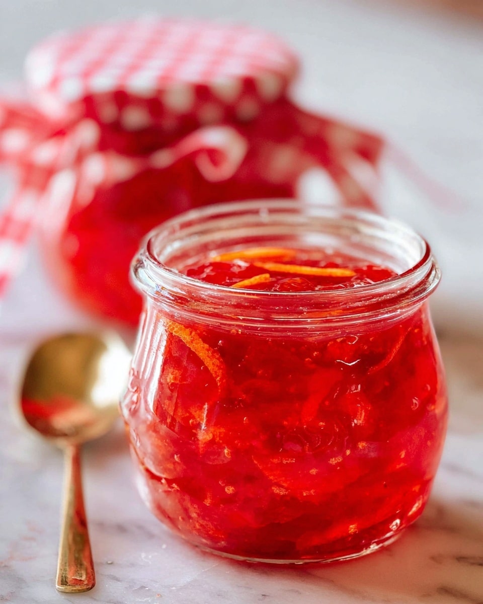 A round, clear glass jar filled with vibrant red jam, showing visible thin orange peel strips and fruit chunks inside. The jam has a glossy, thick texture and the jar sits on a wooden and white marbled surface. In the background, a second similar glass jar is slightly blurred, decorated with a red and white checkered ribbon tied around its neck. A gold spoon is positioned next to the jar in the foreground. The scene is brightly lit, highlighting the shiny reflections on the jam and glass. photo taken with an iphone --ar 4:5 --v 7