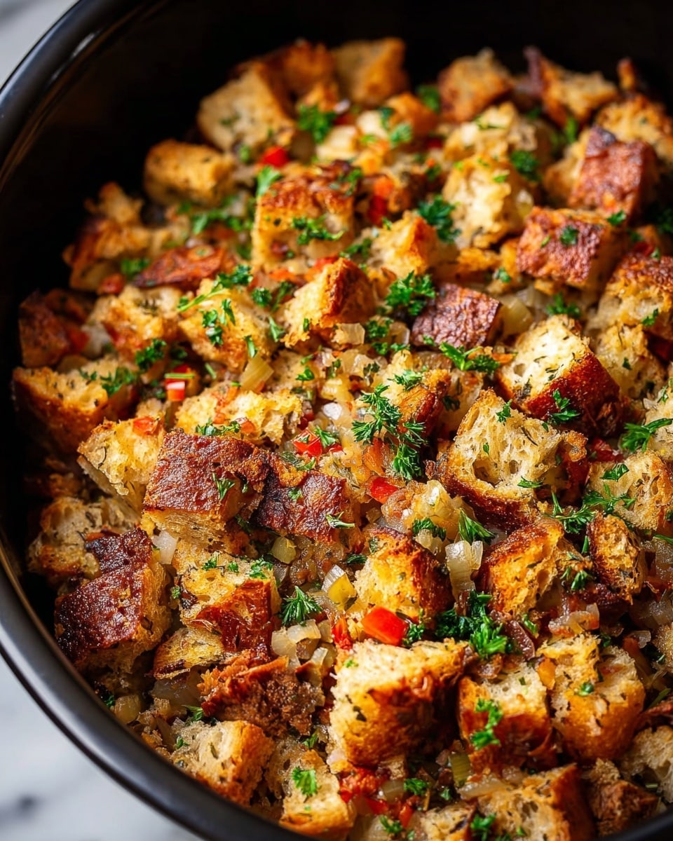 A close-up view of a cooked stuffing dish inside a black pot, featuring roughly three layers of unevenly cut bread cubes cooked to a golden brown with crispy edges. Mixed throughout are small bits of cooked onions, red bell peppers, and herbs including green parsley sprinkled generously on top. The texture is crumbly yet moist, with a mix of toasted bread and softer bits inside, showcasing a rich, warm color palette of golden browns, reddish tones, and fresh green flecks. The pot sits on a white marbled texture surface. photo taken with an iphone --ar 4:5 --v 7