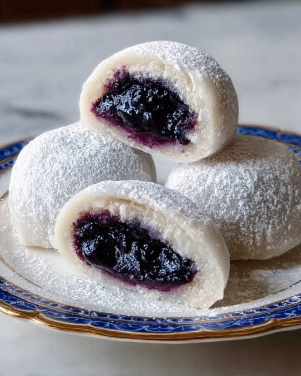 The image shows three small round desserts placed on a white decorative plate with blue and gold details. Each dessert has a white outer layer covered in fine coconut flakes, giving it a soft, powdery look. One dessert is whole, while the other two are cut open to reveal a dark purple, smooth filling inside that looks like sweetened purple yam or taro. The cut desserts are stacked with one leaning on the other, showing the thick white outer layer surrounding the dark filling. The plate is resting on a white marbled surface. Photo taken with an iphone --ar 4:5 --v 7