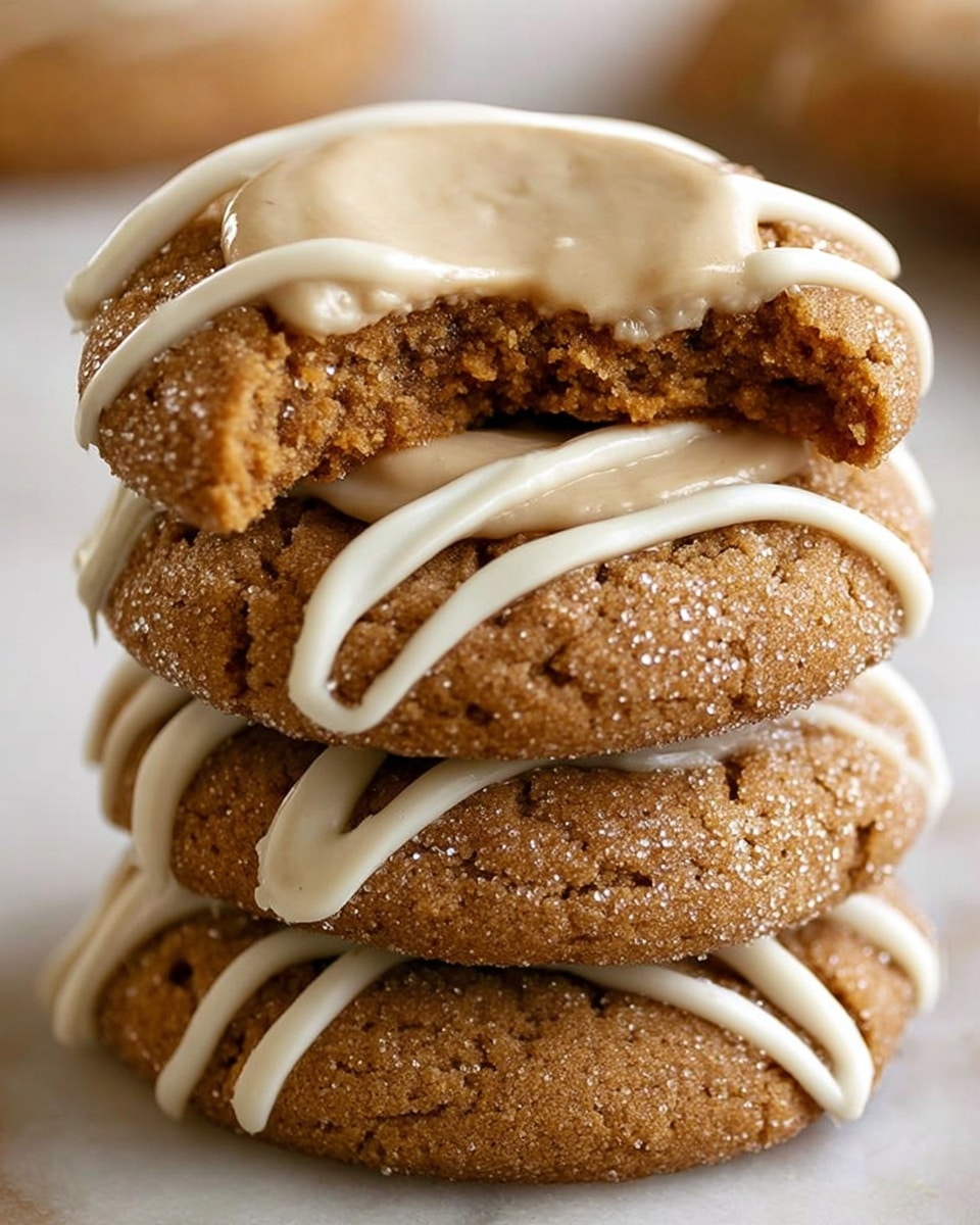 A close-up view of a stack of four round cookies with a rough, grainy brown texture. Each cookie is decorated with white icing drizzled in stripes across the top. The top cookie has a smooth, creamy light brown dollop in the center, which has a curved bite taken out of it, revealing a soft inside. The cookies rest on a white marbled surface. photo taken with an iphone --ar 4:5 --v 7
