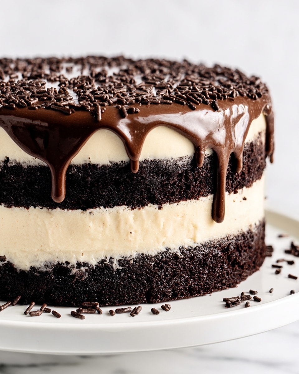 A two-layer chocolate cake with dark, moist chocolate sponge at the bottom and middle, separated by a thick, smooth layer of light-colored cream filling. The entire cake is covered with a creamy white frosting, while the top has a shiny dark chocolate glaze dripping slightly down the sides. The glaze is decorated with small, dark chocolate sprinkles scattered around the edges. The cake sits on a white plate on a white marbled surface. photo taken with an iphone --ar 4:5 --v 7
