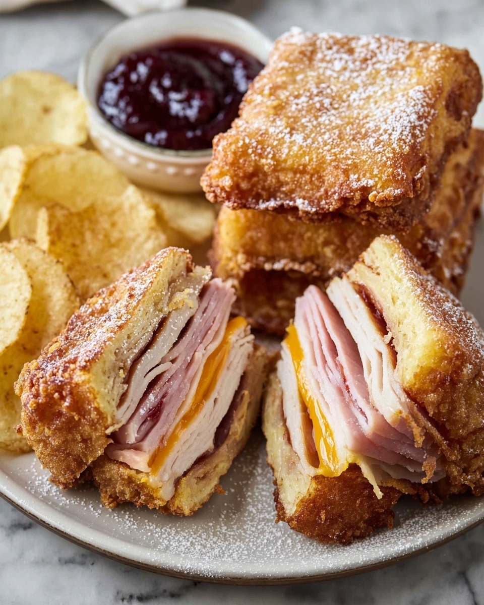Three deep-fried sandwiches sit on a round white plate with light powdered sugar dusted over them. Two sandwiches are cut in half, showing several thin layers of ham with a light pink color, turkey with a pale beige tone, and orange cheddar cheese stacked inside. The sandwiches have a thick, crispy golden-brown fried outer layer with a slightly rough texture. The third sandwich is whole, showing the same golden crust. The plate also holds pale yellow potato chips and a small white bowl filled with dark red jam, placed on a white marbled textured surface. photo taken with an iphone --ar 4:5 --v 7