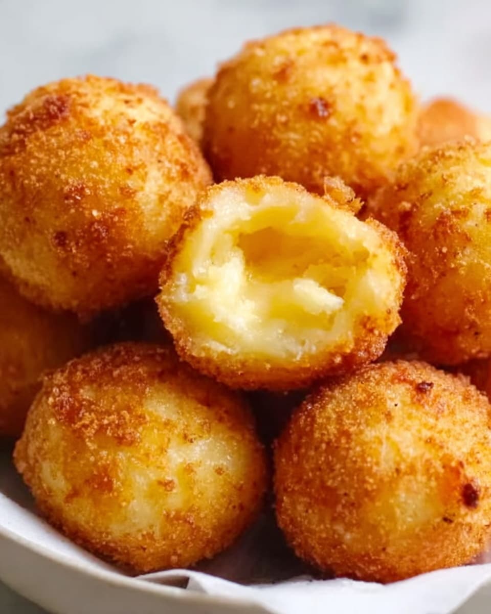 The image shows a close-up of several round, golden-brown fried balls with a crispy, crumbly outer texture. One ball is broken open, revealing a soft, creamy yellow inside. The balls are placed together in a white bowl on a white marbled surface. The crispy crust shines slightly with oil, highlighting the crunchy texture. photo taken with an iphone --ar 4:5 --v 7