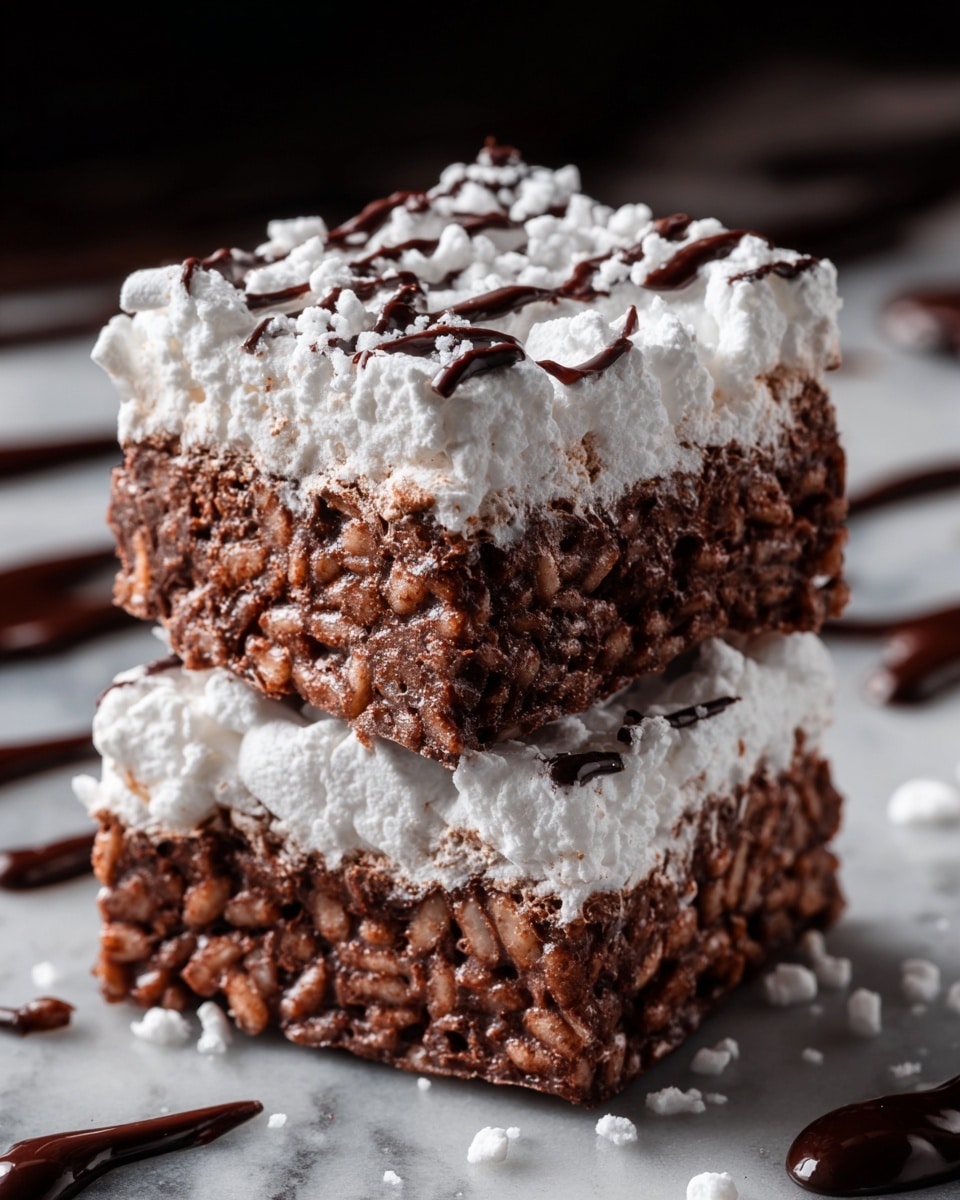 Two square chocolate marshmallow treats are stacked on a white marbled surface. Each treat has a rough texture with visible layers: the bottom and middle layers are dense, dark brown chocolate mixed with crunchy puffed rice, while the top layer is a thick, soft, white marshmallow coating with small, fluffy pieces. White sprinkle bits are scattered around the treats, and there is a blurred background of smooth, dark chocolate drizzles. Photo taken with an iphone --ar 4:5 --v 7