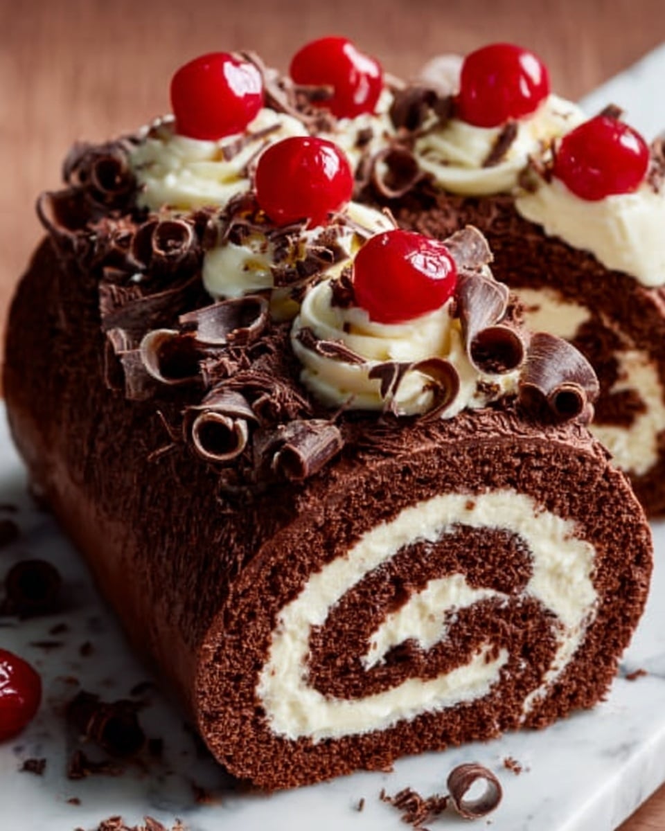 A chocolate roll cake sliced to show its spiral layers, with a dark brown chocolate outer layer and a creamy white filling swirled inside. The top of the cake is decorated with small dollops of white cream, bright red cherries on each dollop, and thin chocolate curls scattered around. The cake is placed on a white marbled surface. Photo taken with an iphone --ar 4:5 --v 7