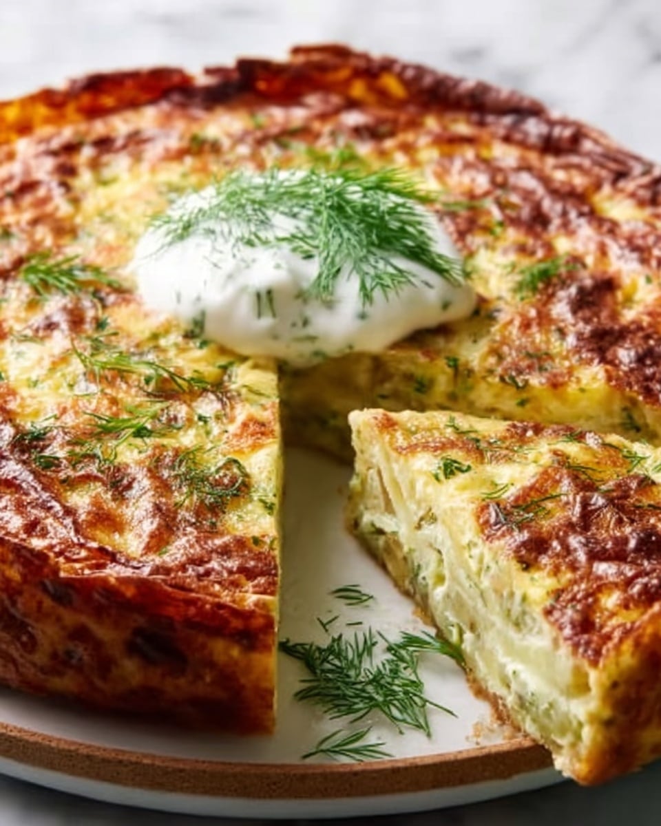 A close-up of a round savory pie with a golden brown, slightly crispy top crust, showing a rich texture of melted cheese and browned bits, with visible green herbs mixed in. One slice is cut revealing the inside, which looks creamy with layers of soft cheese and vegetables or herbs. On top of the pie's center is a dollop of white sour cream-like sauce sprinkled with fresh green dill. The pie is placed on a white plate on a white marbled surface. photo taken with an iphone --ar 4:5 --v 7