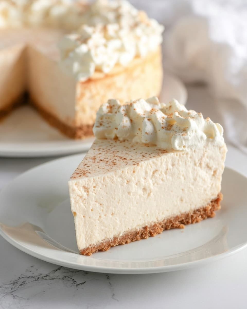 A slice of creamy cheesecake is shown on a white plate, featuring three layers: a bottom layer of brown crumbly crust, a thick middle layer of smooth, pale beige cheesecake filling, and a top layer of fluffy white whipped cream with light brown specks sprinkled over it. In the background, the rest of the cheesecake is visible on another white plate, slightly out of focus, displaying the same layers with a textured whipped cream border on top. The scene uses a soft light and a white marbled surface beneath the plates. Photo taken with an iphone --ar 4:5 --v 7