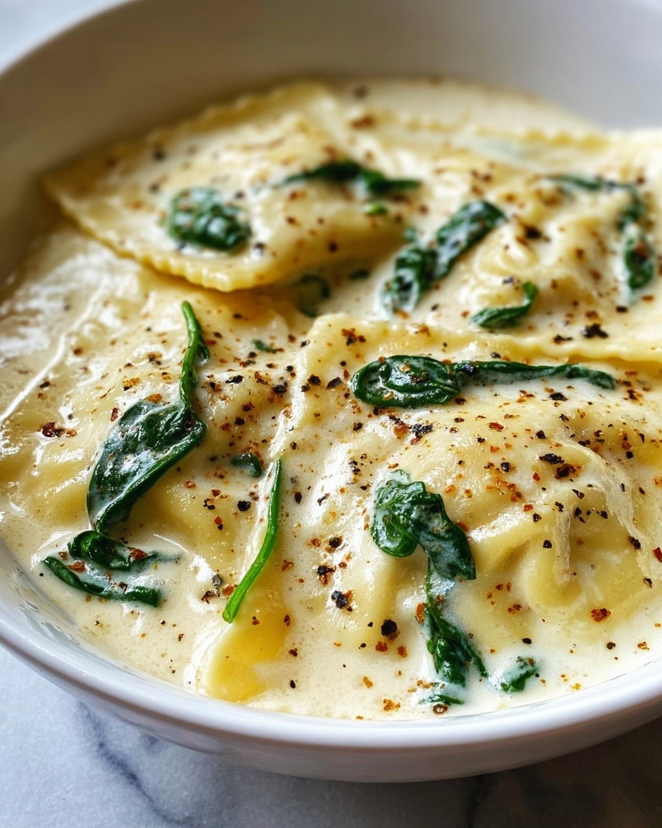 A close-up view of two square ravioli pieces covered in a creamy white sauce with a slightly browned, bubbly surface. The ravioli have a light yellow color with soft edges visible under the sauce. Bright green spinach leaves are scattered on top, adding a fresh contrast, and the sauce has small black pepper specks evenly spread throughout. The dish is served in a white bowl sitting on a white marbled surface. Photo taken with an iphone --ar 4:5 --v 7