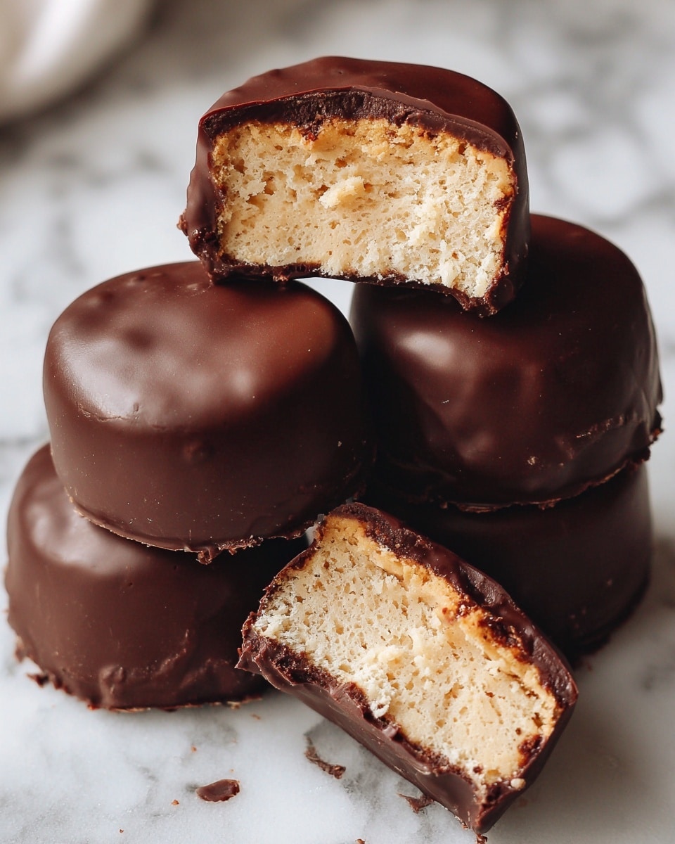 The image shows several round chocolate-covered treats closely placed together, with one treat cut in half and placed on top to reveal a thick, creamy light brown filling inside. The outer chocolate layer is smooth and shiny, covering the whole treat evenly, while the filling has a soft, slightly crumbly texture with visible lines. The background is a white marbled surface, highlighting the dark chocolate and light filling contrast. Photo taken with an iphone --ar 4:5 --v 7