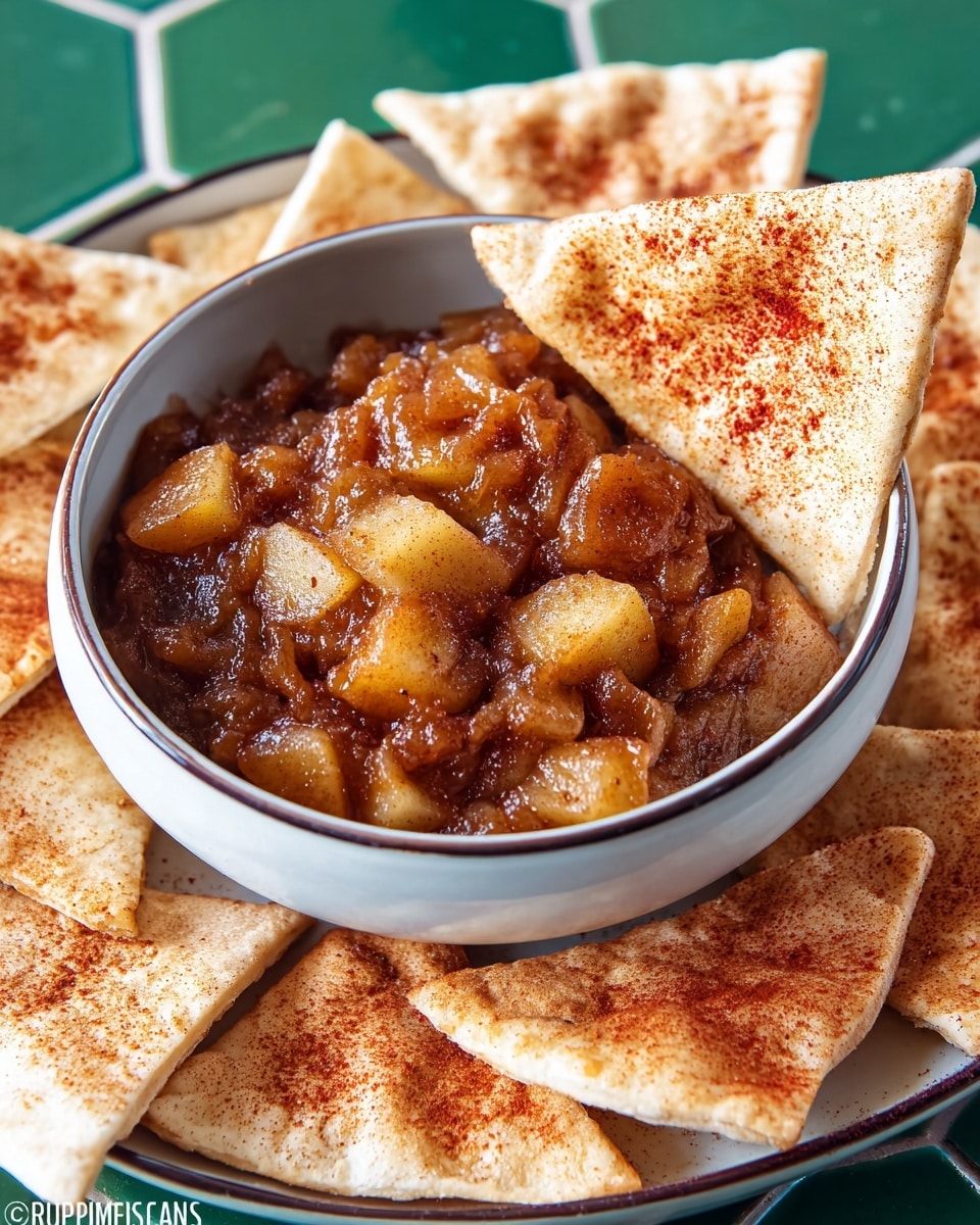A white bowl with a thin dark rim is filled with a chunky, glossy fruit chutney made of caramelized apples and onions in a rich brown sauce. Two lightly toasted pita chips sprinkled with a red spice, possibly paprika, are dipped into the bowl on the right side. Surrounding the bowl, there is a spread of similarly toasted pita chips arranged on a surface with a green hexagonal tiled pattern. photo taken with an iphone --ar 4:5 --v 7