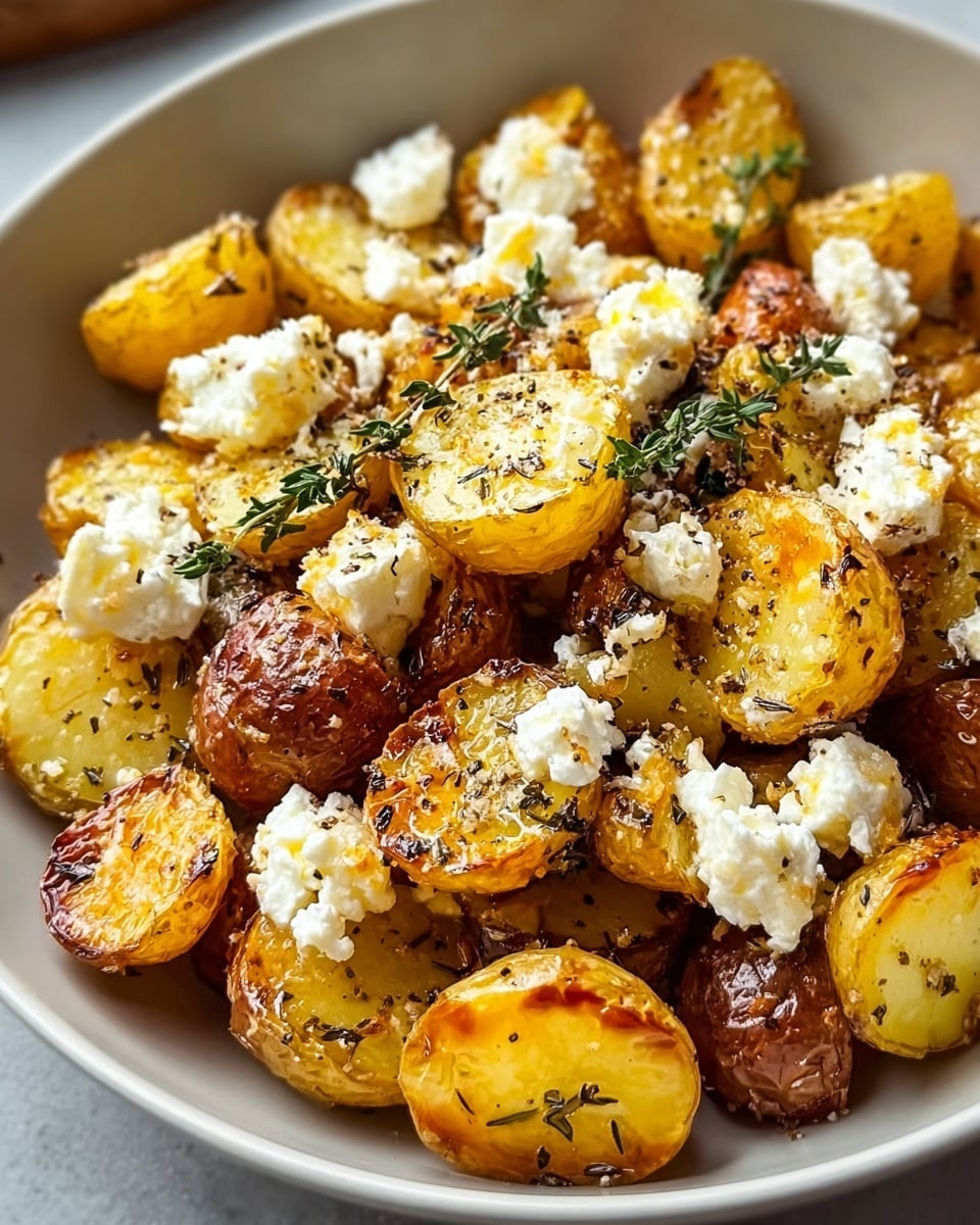 A white bowl filled with one layer of roasted small halved potatoes that have golden brown crispy edges and soft yellow insides. Scattered on top are irregular chunks and small crumbles of white feta cheese with a slightly creamy and crumbly texture. Sprigs of fresh green thyme are also placed over the potatoes along with a light sprinkling of cracked black pepper. The dish gives a warm, rustic look with a contrast between the golden browned potatoes, white cheese, and green herbs. Photo taken with an iphone --ar 4:5 --v 7