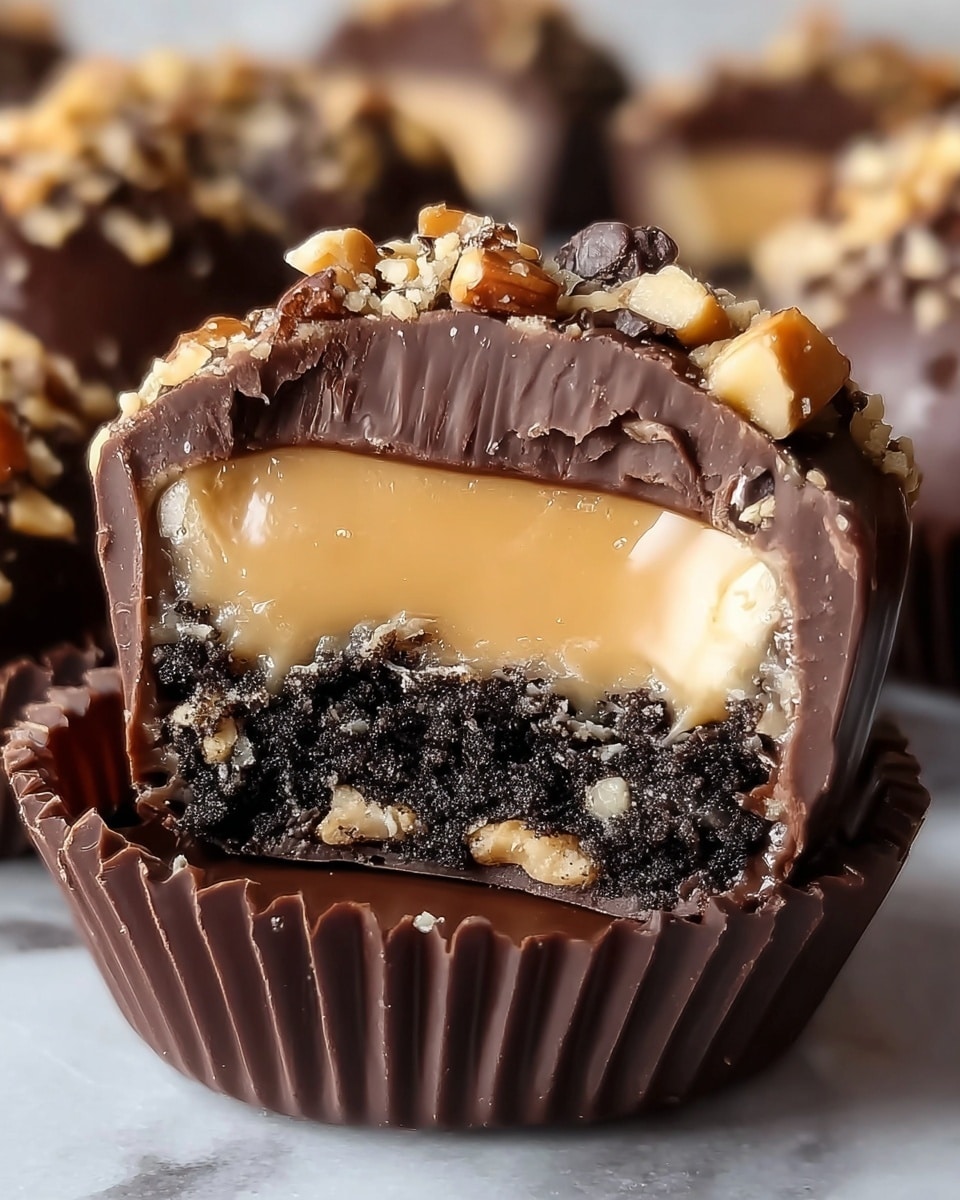 The image shows a close-up of a chocolate candy with three main layers. The outer layer is a thick, smooth milk chocolate shell with a shiny surface and bits of crushed nuts on top. Just inside the shell, the middle layer is creamy beige caramel with a soft, slightly glossy texture. The bottom layer is a dark, crumbly chocolate base with small nut pieces mixed in, giving a rough texture. The candy sits in a ridged dark brown paper cup, and more similar chocolates are visible in the blurred white marbled background. photo taken with an iphone --ar 4:5 --v 7