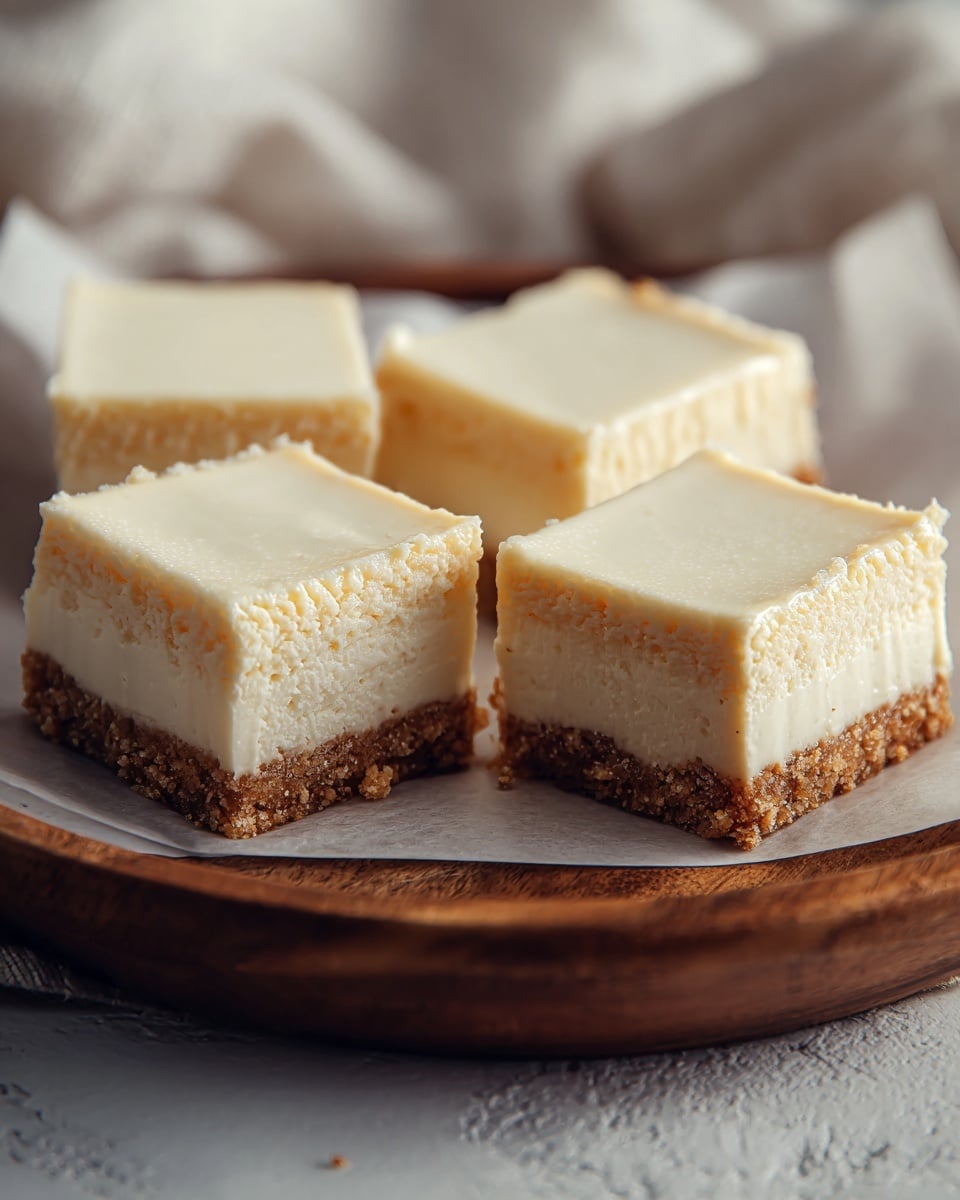 The image shows four square pieces of cheesecake placed closely together on a round wooden plate lined with white parchment paper. Each cheesecake piece has three layers: a crumbly light brown crust on the bottom, a thick creamy off-white middle layer with a smooth texture, and a slightly lighter top layer that looks soft and creamy. The edges of the cheesecake are straight but slightly rough. The plate sits on a white marbled texture surface with soft, out-of-focus fabric in the background. photo taken with an iphone --ar 4:5 --v 7