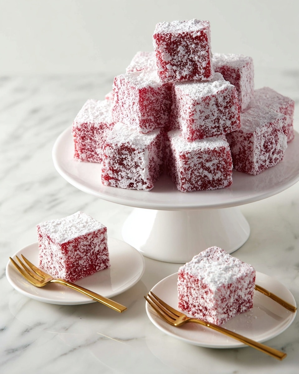 A tall pile of small red square treats covered in a white powdery coating sits on a white pedestal plate in the center. Two of these red cubes, each fully coated with the powdery white texture giving a rough surface, are placed separately on two small white round plates. Each of these plates has a golden fork resting on it next to the cube. The whole scene is set against a white marbled surface with bright lighting highlighting the texture of the treats. photo taken with an iphone --ar 4:5 --v 7