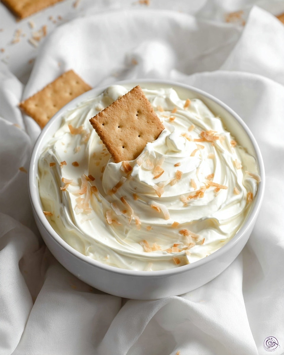A white bowl filled with a thick, creamy, white dessert that has a smooth and fluffy texture, sprinkled with small toasted coconut flakes scattered evenly on top. A single square beige cracker is standing upright in the center of the dessert, partially inserted and tilted slightly backward. The bowl sits on a soft white cloth over a white marbled surface. The lighting is soft and natural, highlighting the dessert’s creamy texture and light golden touches on the coconut flakes. Photo taken with an iphone --ar 4:5 --v 7