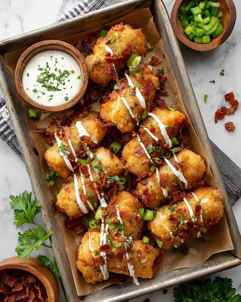 A metal tray lined with brown parchment paper holds eight golden-brown fried rolls, each with a bubbly crispy texture on the outside. They are drizzled with white sauce in thin lines and sprinkled with small green bell pepper pieces and bits of crispy reddish-brown bacon. A small wooden bowl with creamy white dipping sauce garnished with herbs sits at the top left corner of the tray. Around the tray on a white marbled surface, there are small green bell pepper pieces, bacon bits in a wooden bowl, and fresh green parsley. photo taken with an iphone --ar 4:5 --v 7
