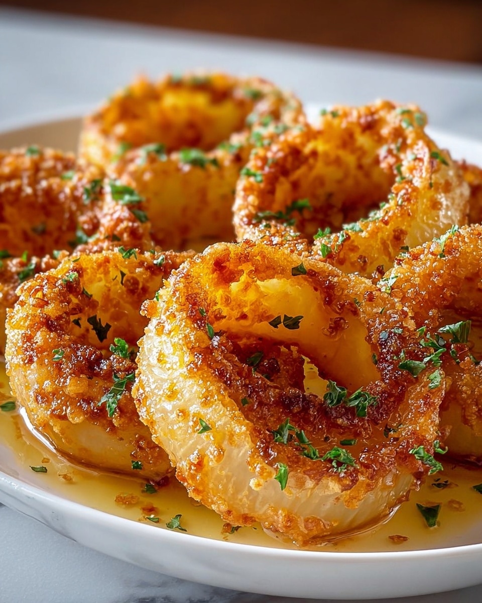 The image shows a close-up of several golden-brown fried onion rings arranged closely in a single layer on a white dish. Each onion ring has a crispy, crunchy texture with a rich mix of light and dark golden colors, showing slight caramelization. The rings have a thick layering of fried coating, with hints of soft, translucent onion inside. Small green parsley pieces are sprinkled over the rings, adding a touch of contrast. There is a light golden sauce or oil pooling slightly around the base of the onion rings, enhancing their glossy finish. The dish is placed on a white marbled surface. photo taken with an iphone --ar 4:5 --v 7