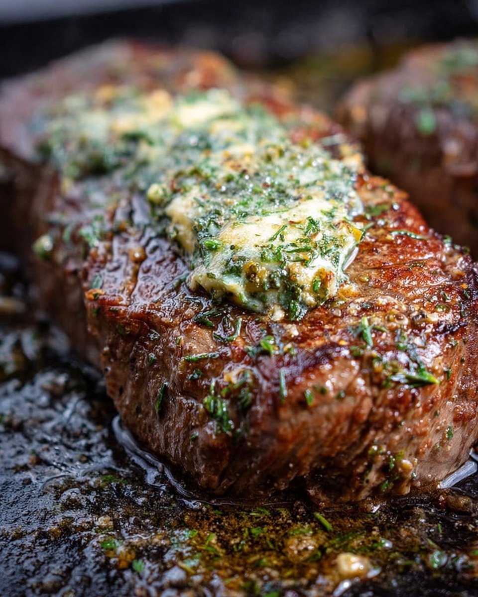 A close-up view of a cooked steak lying flat with a golden-brown crust and textured surface. On top, there is a thick layer of herb butter that is slightly melted, showing bits of green herbs and specks of seasoning spread unevenly across the steak. The steak is set on a dark pan that has drops of melted butter and herbs scattered around it, giving a moist and rich appearance. The background surface is a white marbled texture. photo taken with an iphone --ar 4:5 --v 7