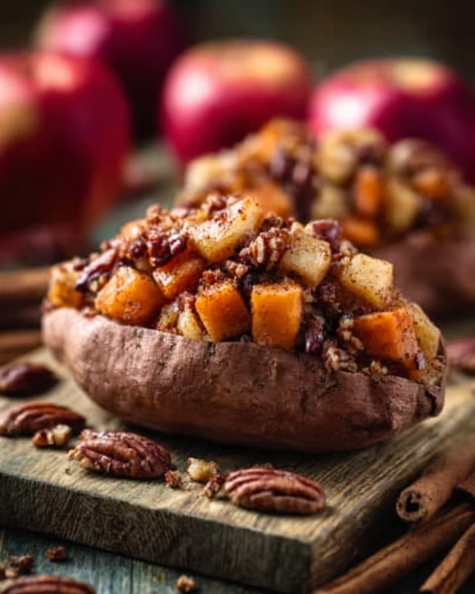 The image shows a baked sweet potato cut open and filled with a chunky mixture of cooked apples and nuts. The sweet potato skin is a soft brown color, while the filling is a mix of warm orange and golden apple pieces with dark brown nuts on top. The sweet potato is placed on a wooden board with scattered pecans and cinnamon sticks around it. In the soft focus background, red apples are placed, adding a homely feel to the scene. photo taken with an iphone --ar 4:5 --v 7