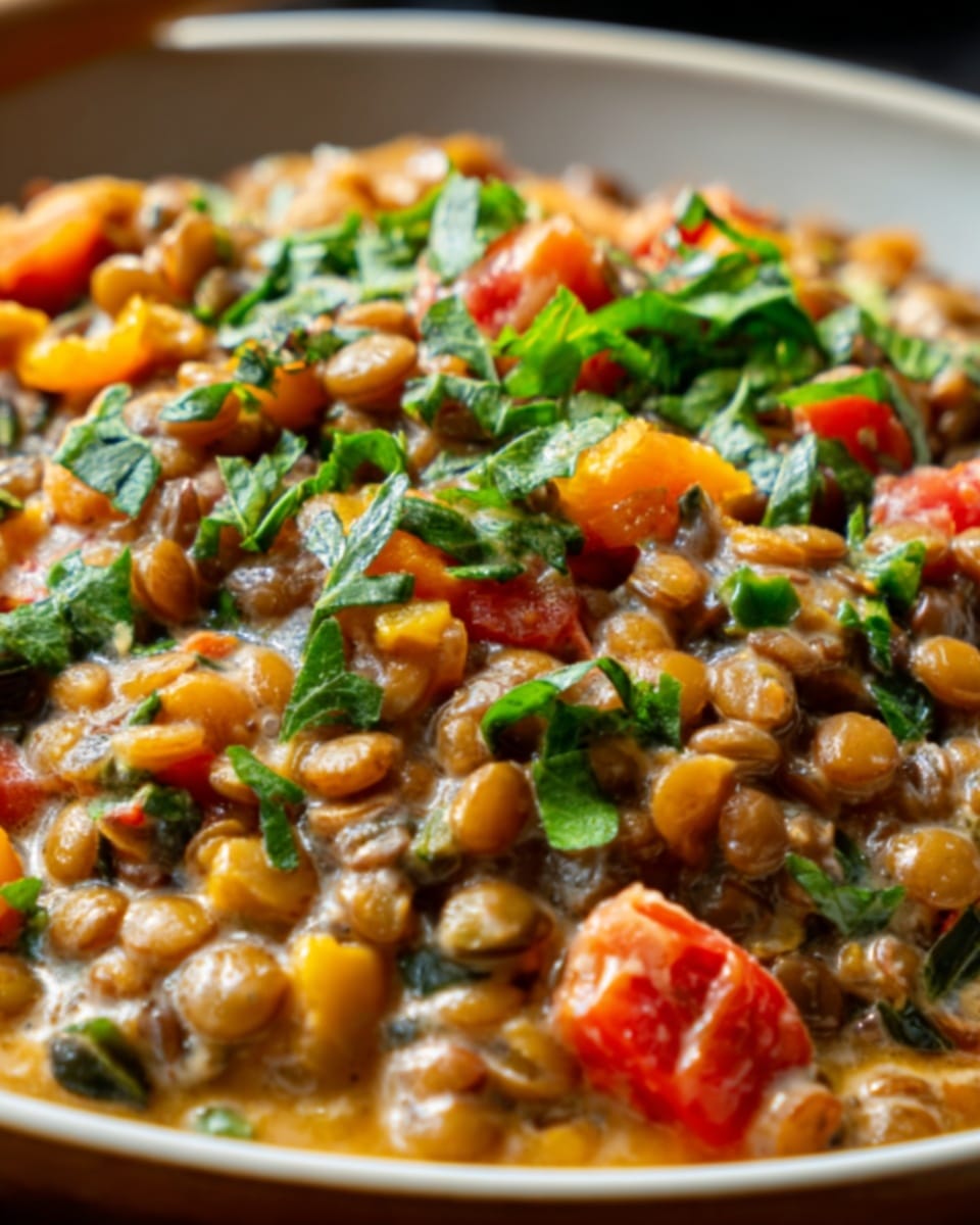 A close-up view of a dish in a white bowl filled with creamy lentils and beans in a thick sauce. The lentils and beans are light brown and green, mixed with small pieces of red tomatoes and orange peppers. Fresh green chopped herbs are sprinkled on top, adding a bright contrast. The creamy sauce looks smooth and slightly shiny, coating the lentils well. Photo taken with an iphone --ar 4:5 --v 7