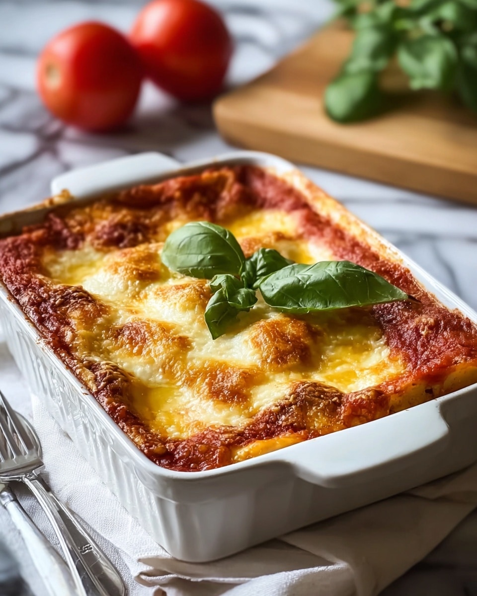 A white rectangular ceramic dish holds a baked lasagna with a golden-brown melted cheese top layer that is slightly bubbly and crispy around the edges. Underneath, there is a thick red tomato sauce layer partially peeking through the cheese. A fresh green basil leaf sits in the center on top, adding a pop of color. The dish is placed on a white marbled surface with a folded white cloth and a fork and knife nearby. In the blurry background, two red tomatoes and some green basil leaves rest on a wooden board. photo taken with an iphone --ar 4:5 --v 7