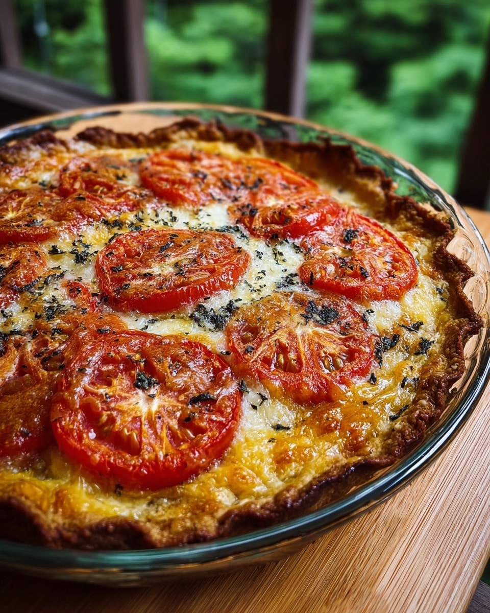 A round pizza with a golden brown crust sits in a clear glass dish on a wooden surface. It has one visible layer of melted cheese that looks slightly browned and bubbly, covering the entire pizza. Large, thick slices of red and yellow tomatoes are placed evenly on top of the cheese layer, with black herbs sprinkled across the whole pizza, adding texture and color contrast. The crust edges are raised and crispy, showing some areas darker from baking. The background shows a green outdoor area blurred out, emphasizing the pizza in focus. Photo taken with an iphone --ar 4:5 --v 7