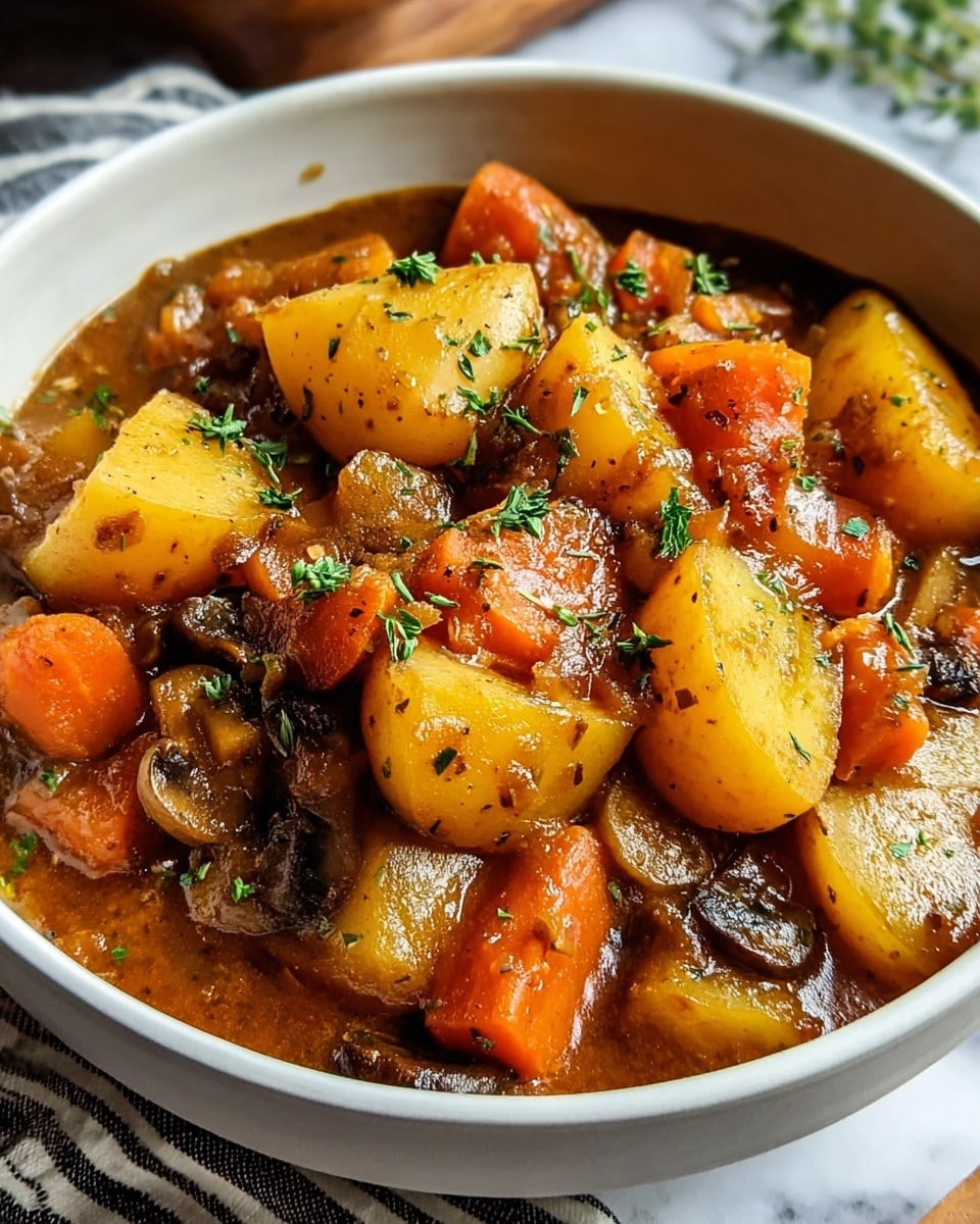 A close-up view of a white bowl filled with chunky vegetable stew. The dish has several layers of large, soft potato pieces in golden yellow and orange carrot chunks, all coated in a thick, rich brown sauce with visible herbs. Mixed in are small pieces of translucent onion and dark mushroom slices. The stew is garnished with small green herb bits scattered on top. The bowl sits on a white marbled surface with a striped cloth partly visible beneath it. photo taken with an iphone --ar 4:5 --v 7