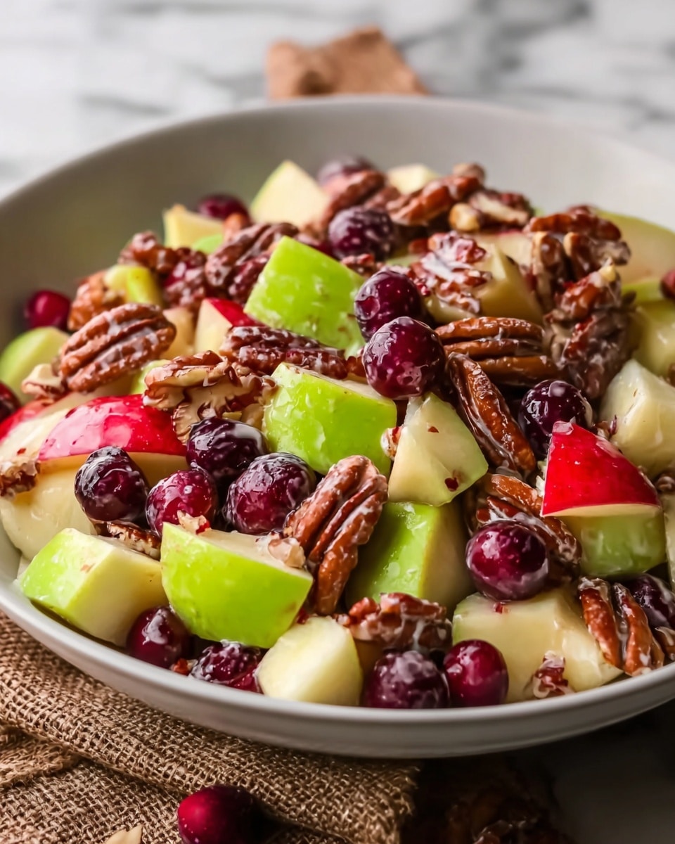 A white shallow bowl is filled with a colorful fruit salad featuring chunky slices of green apple and red apple with skin, dark red fresh cranberries, and whole pecan nuts scattered evenly throughout. The fruits have a shiny, juicy look with light cream-colored dressing drizzled lightly over them, adding a slight gloss and texture contrast to the smooth fruit skin and crunchy nuts. The bowl sits on a textured brown cloth atop a white marbled surface, creating a warm, natural vibe. Photo taken with an iphone --ar 4:5 --v 7
