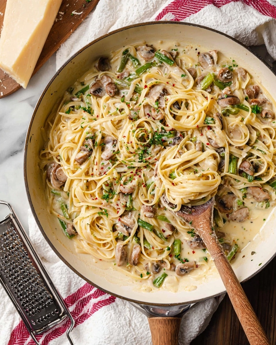 A top view of creamy pasta in a white frying pan, showing three layers: the bottom has a light cream sauce with small green herb pieces, the middle layer consists of light beige linguine noodles mixed with sautéed mushrooms and bits of green vegetables, and the top is sprinkled with finely chopped green herbs and red pepper flakes. On the right edge, a wooden spoon scoops some pasta, and to the bottom left, a piece of grated cheese rests on a silver grater, all placed on a white marbled surface with a white cloth featuring red stripes. photo taken with an iphone --ar 4:5 --v 7