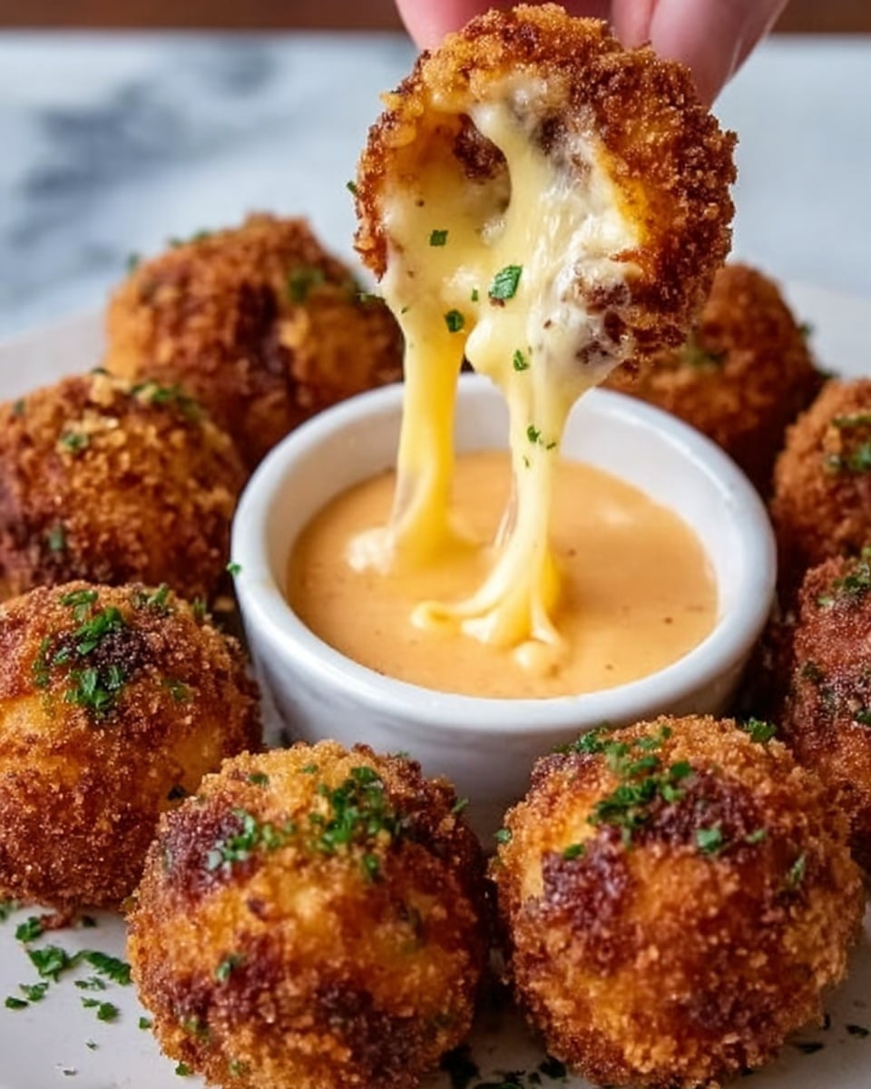 The image shows several golden brown, crispy fried cheese balls arranged around a small white bowl filled with creamy light orange dipping sauce. One cheese ball is held by a woman's hand above the bowl, cut open to reveal melted, gooey cheese stretching and dripping into the sauce. The cheese balls have a textured, crunchy outer layer with small green herbs sprinkled on top for color contrast. The scene is set on a white marbled surface. Photo taken with an iphone --ar 4:5 --v 7
