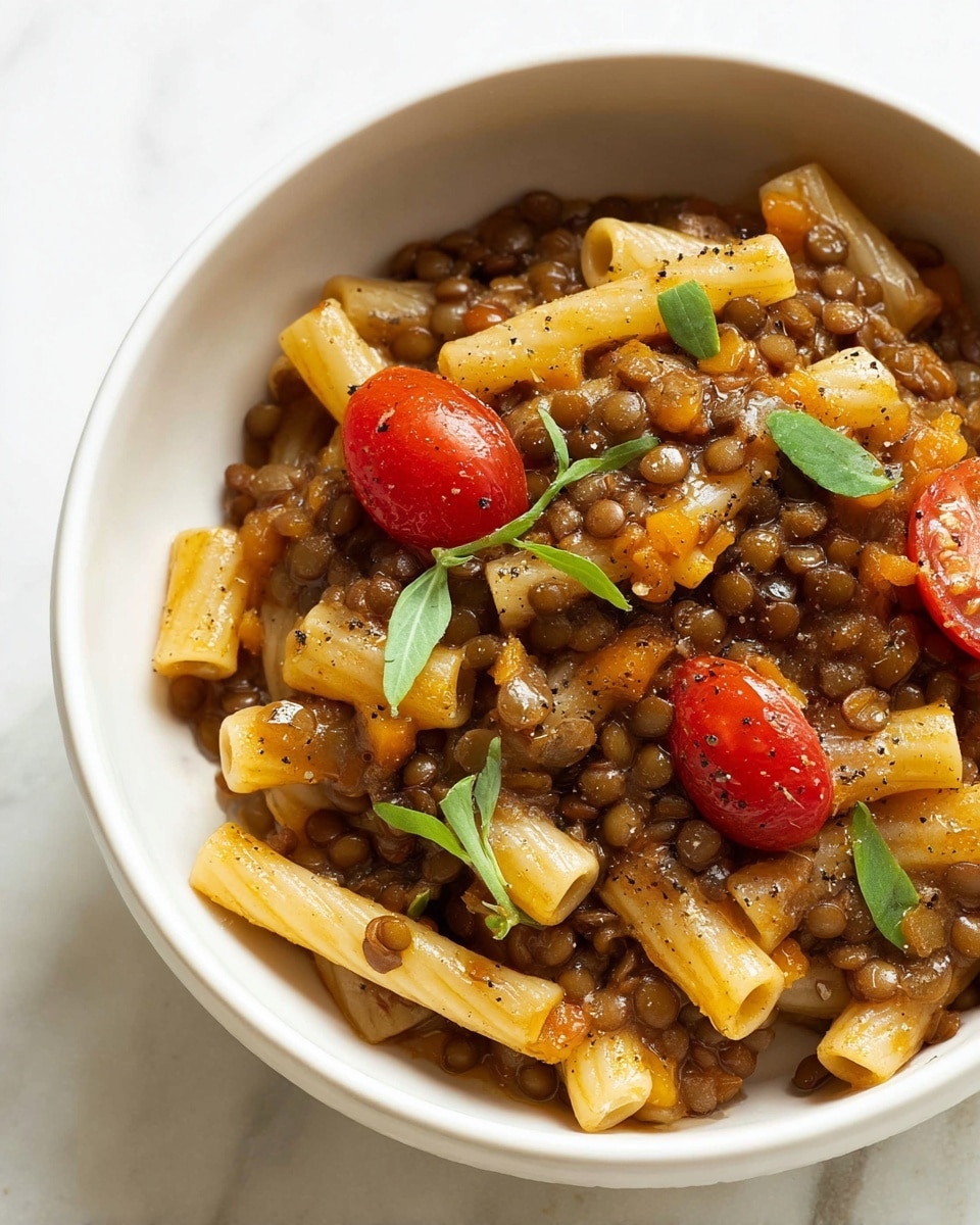 A close-up view of a white bowl filled with a layer of small, round brown lentils mixed with short, tube-shaped pasta pieces that are light golden yellow. There are a few bright red cherry tomatoes scattered among the lentils and pasta. Small green leaves, likely herbs, are placed on top, adding a splash of color. The lentils and pasta appear glossy and coated in a thin brown sauce with some black pepper sprinkled. The bowl is on a white marbled surface. Photo taken with an iphone --ar 4:5 --v 7