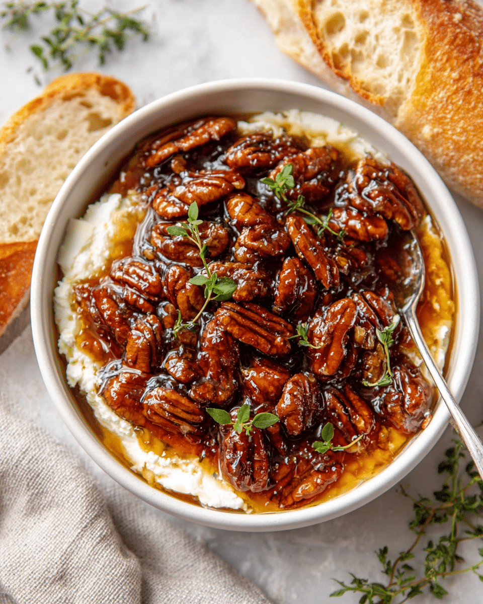 A white bowl filled with two main layers: the bottom layer is a soft, white creamy cheese, and the top layer is a glossy, dark amber jelly with many shiny, glazed pecans spread across it. Small green herb leaves are scattered on top of the pecans for decoration. To the side of the bowl, there is a piece of crusty baguette bread placed on a white marbled textured surface. A small silver spoon rests inside the bowl slightly buried in the cheese. Photo taken with an iphone --ar 4:5 --v 7