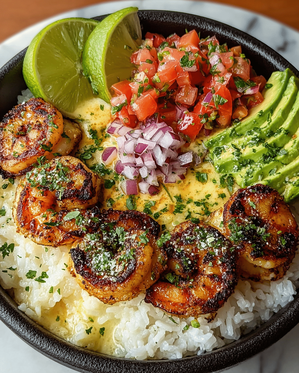The dish features a round black bowl filled with three main layers: the bottom layer is fluffy white rice, the middle layer is creamy yellow sauce partially visible under the shrimp, and the top layer consists of six grilled shrimp with a golden-brown crispy texture sprinkled with green herbs and white seasoning. On one side of the bowl, there is fresh pico de gallo made of diced red tomatoes, green peppers, and some herbs, while in the opposite corner are three slices of bright green avocado and a few lime slices. In the center, there is a small pile of finely chopped red onion mixed with herbs. The bowl is set on a white marbled surface. Photo taken with an iphone --ar 4:5 --v 7