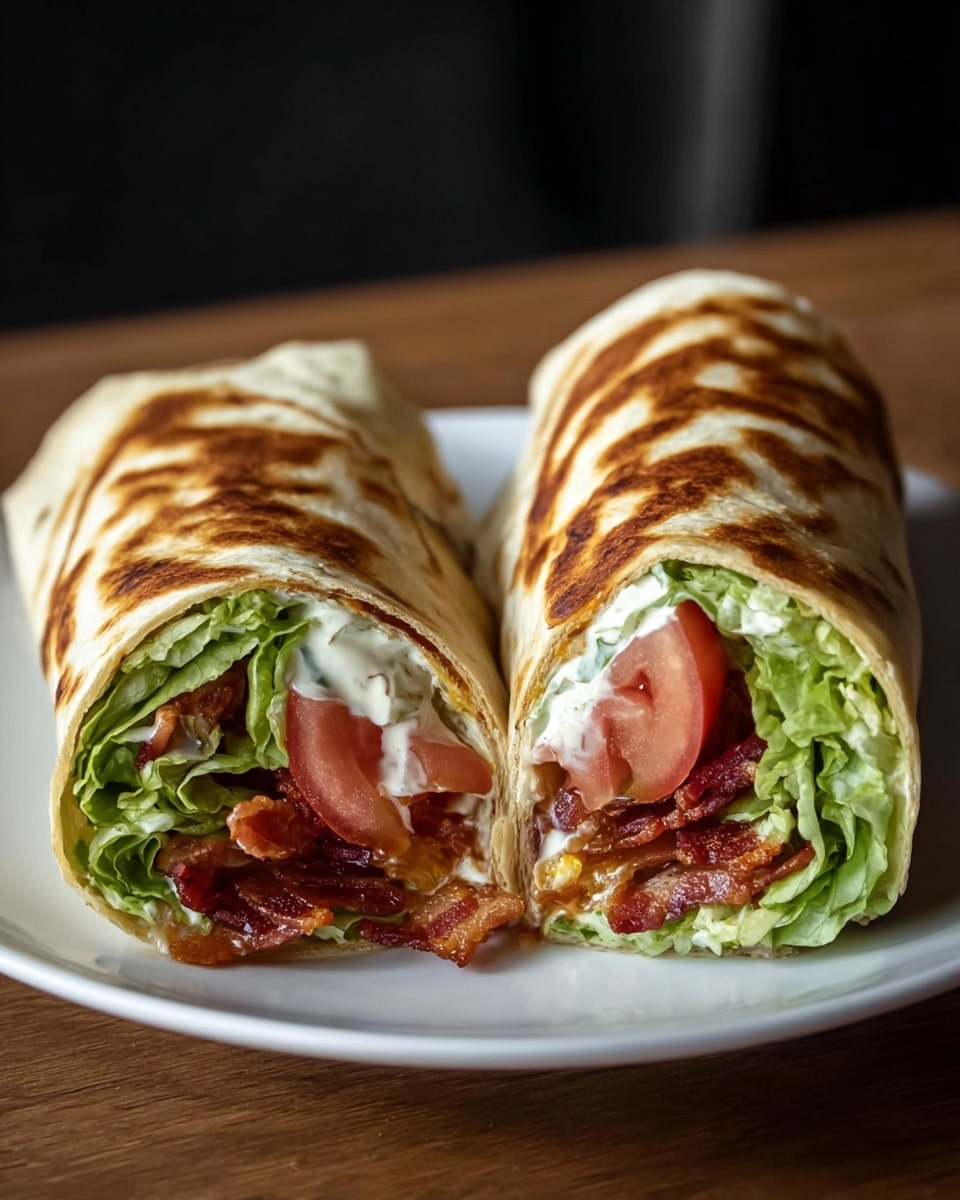 The image shows two halves of a toasted wrap placed side by side on a white plate, sitting on a wooden surface. Each wrap has a golden-brown, crispy outer layer with visible grill marks. Inside, the layers include fresh green lettuce at the top, followed by slices of red tomato, creamy white sauce, and crispy bacon pieces with a reddish-brown color. The fillings are tightly wrapped inside a soft tortilla that is slightly browned. The background is blurred and dark, making the wrap the main focus. photo taken with an iphone --ar 4:5 --v 7