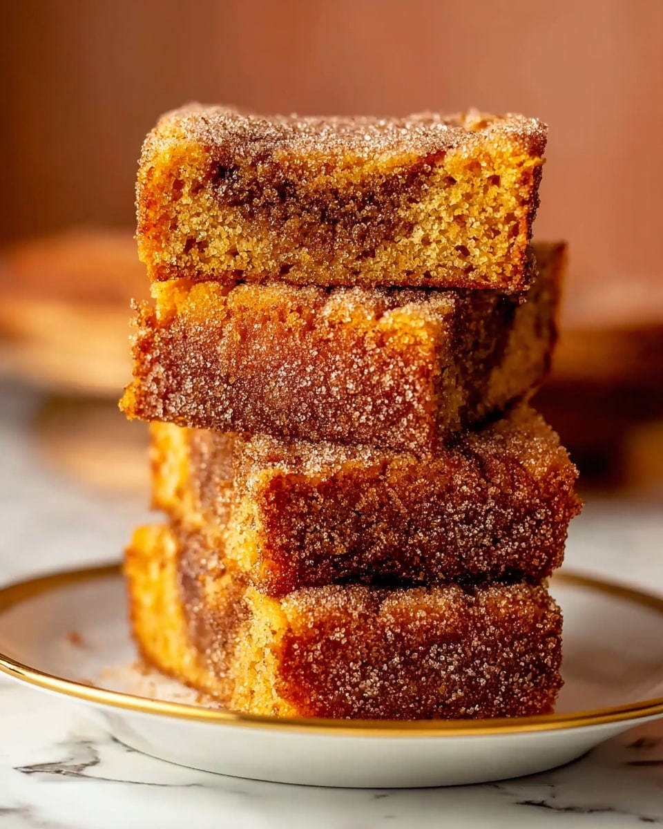 A stack of four square cake pieces sits on a white plate with a gold rim, each piece showing a rich golden brown color with a fine granulated sugar coating that adds a sparkly texture. The sides and top of each piece display a slightly crisp sugar crust with a moist and soft interior, featuring darker brown swirls that suggest a cinnamon or spice mix throughout the cake layers. The stack is centered on a white marbled surface, with a warm, blurred background that enhances the warm tones of the cake. Photo taken with an iphone --ar 4:5 --v 7
