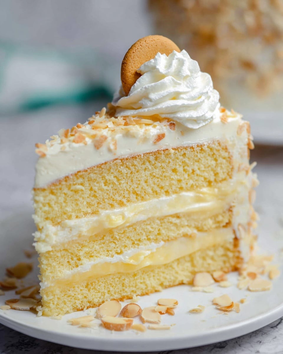 A slice of three-layer light yellow sponge cake with two layers of creamy pale yellow filling in between, topped with a smooth white frosting layer that is sprinkled with light brown almond flakes. On top, there is a generous swirl of white whipped cream, crowned with a small round light brown cookie. The cake slice sits on a white plate with a few almond flakes scattered around, all set against a white marbled texture surface. photo taken with an iphone --ar 4:5 --v 7