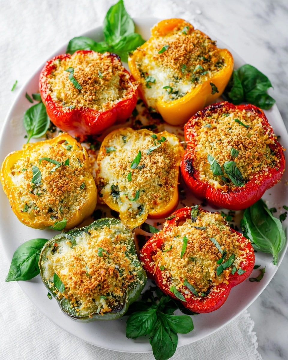 A white plate on top of a white marbled texture holds seven stuffed bell pepper halves arranged close together. Each pepper half has a vibrant colored outer layer of red, yellow, or green with a slightly cooked, wrinkly texture. Inside each pepper is a pale yellow filling with small green herb bits mixed in, topped with a golden-brown crispy breadcrumb crust and a light sprinkle of grated cheese. Fresh green parsley and basil leaves are placed around the peppers, adding bright green accents to the dish. Photo taken with an iphone --ar 4:5 --v 7