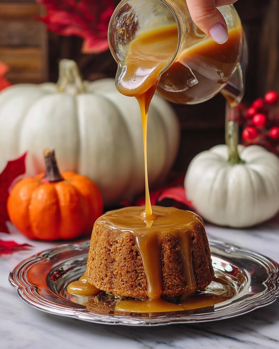 A small round cake with a rough brown texture is placed in the center of a shiny silver plate. A woman's hand is pouring thick, shiny caramel sauce from a clear glass pitcher over the cake, causing the sauce to drip down its sides and pool slightly on the plate. The background shows blurred white and orange pumpkins and red autumn leaves on a white marbled surface. The scene has a warm and cozy fall feel. photo taken with an iphone --ar 4:5 --v 7