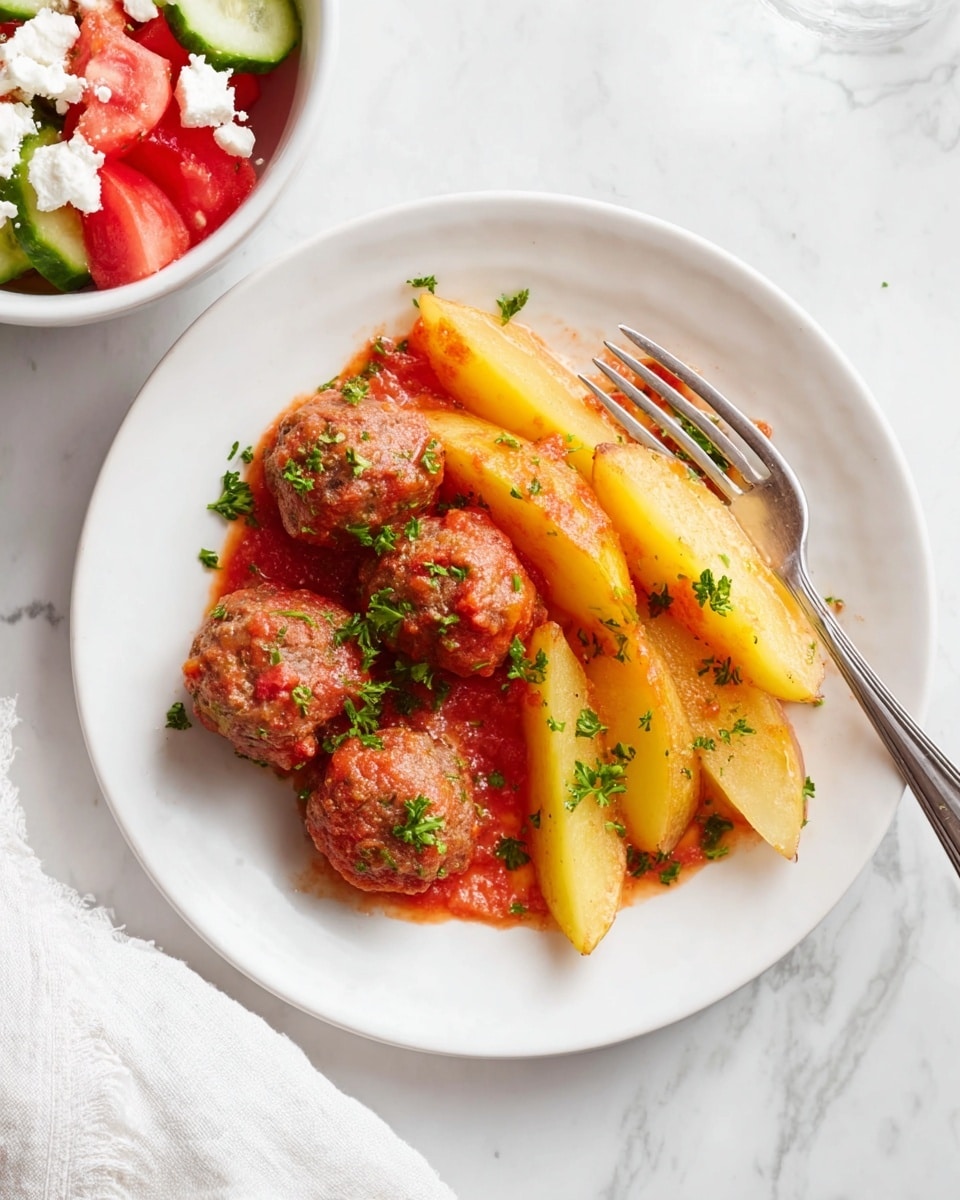 A white round plate holds a dish with three brown meatballs coated in a red tomato sauce with green herb bits on top, placed next to several wedge-shaped yellow potato pieces also covered in the sauce; the meatballs and potatoes are sprinkled with finely chopped green parsley. A silver fork rests on the right side of the plate, and the plate sits on a white marbled surface with a white cloth napkin in the bottom left corner. In the top left, a partial view of a white bowl containing red tomato chunks, cucumber slices, and white crumbled cheese is visible. Photo taken with an iphone --ar 4:5 --v 7