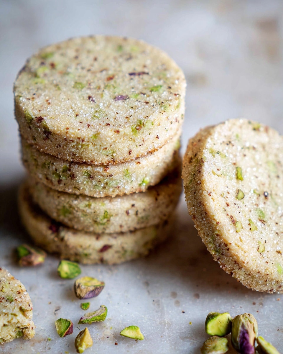 The image shows a stack of round pistachio cookies on a white marbled surface. Each cookie has a speckled texture with visible small green bits of pistachio nuts mixed throughout a pale golden dough. The top cookie in the stack is slightly tilted, revealing its thickness and a sugar-crystal dusted surface, which adds a shiny, grainy texture. Scattered nearby are a few crushed pistachio shells, adding a touch of green and purple color to the scene. photo taken with an iphone --ar 4:5 --v 7
