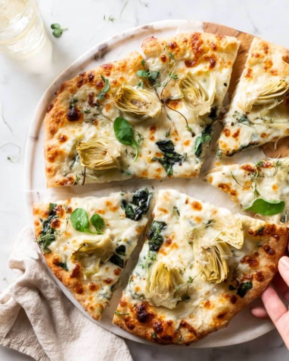 The image shows a white plate with a pizza cut into six slices. The pizza has a thin crust with browned, bubbly cheese on top. There are several light yellow artichoke heart slices spread evenly, along with some dark green spinach leaves. Small green sprouts decorate the pizza, adding a fresh look. A woman's hand is reaching to pick up one slice from the plate, and the background is a white marbled surface with a light beige cloth nearby. Photo taken with an iphone --ar 4:5 --v 7