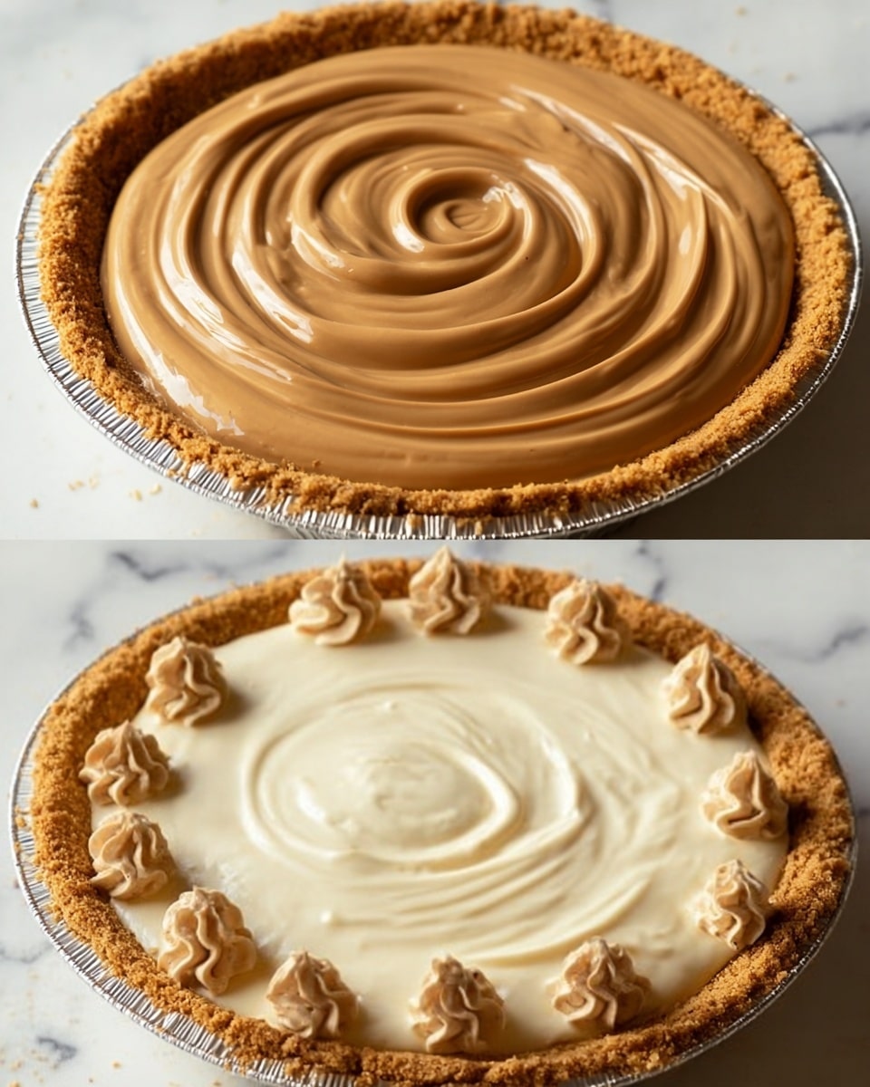 The image shows two views of a cream pie in a silver pie tin on a white marbled surface. The pie has two smooth layers inside: the bottom layer is creamy white, and the top layer is light brown and being poured in a spiral shape. The crust is golden and thick with a crumbly texture. In the second view, the light brown layer is fully spread over the white layer, with swirled texture on top. The pie's edge has small, evenly spaced dollops of the light brown cream, adding decoration. Photo taken with an iphone --ar 4:5 --v 7