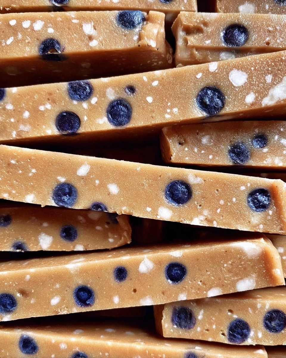 The image shows many rectangular bars stacked close together, each bar having a smooth light brown surface with small white specks scattered throughout. Dark blue round spots are embedded evenly across the bars, giving a textured look. The bars appear firm and slightly glossy, making the berries stand out against the light brown base. The background is a white marbled texture. photo taken with an iphone --ar 4:5 --v 7