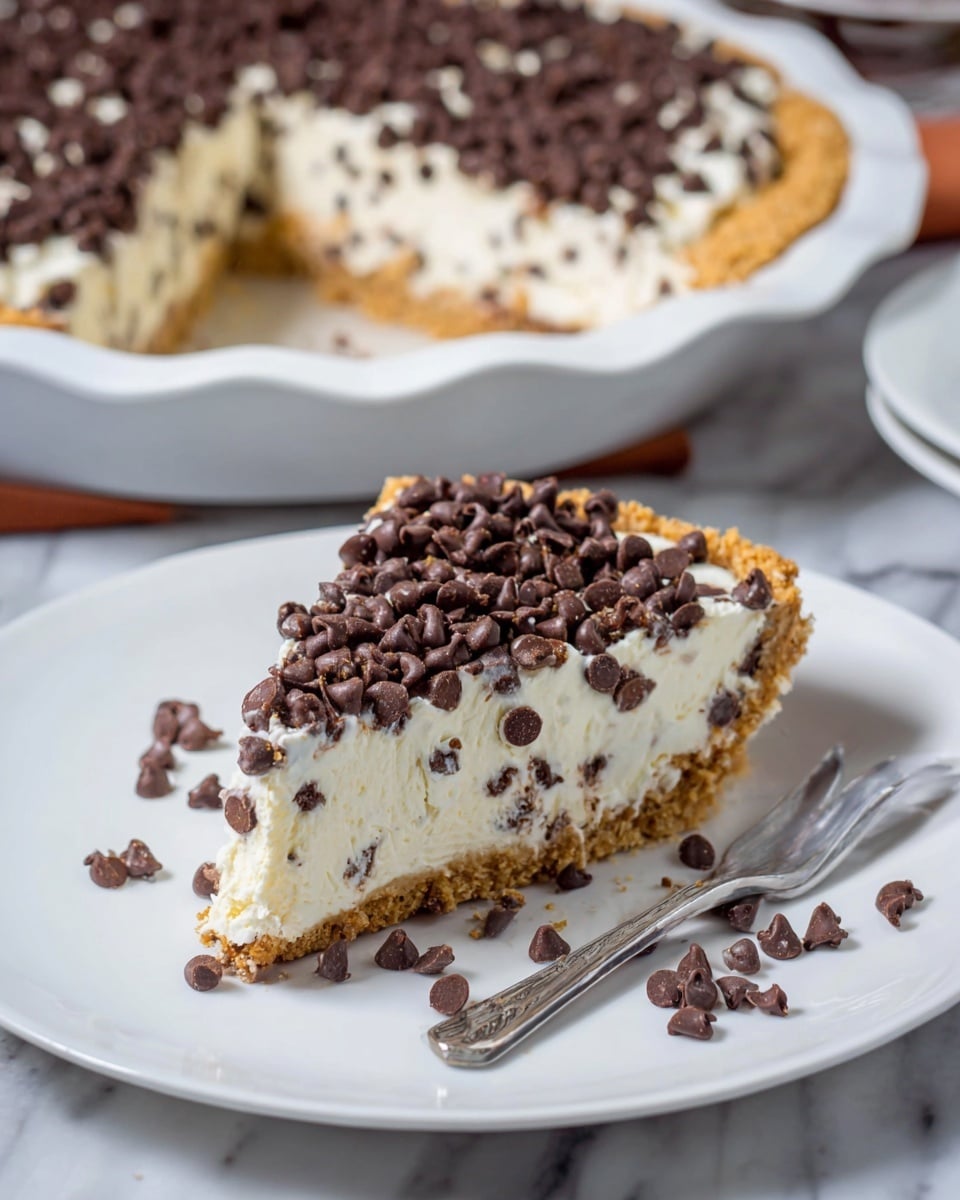 A slice of creamy chocolate chip cheesecake sits on a white plate, showing three visible layers: a light brown crumb crust at the bottom, a thick middle layer of white cheesecake mixed with small chocolate chips, and a top layer of white cheesecake covered with a generous amount of small dark chocolate chips. Some chocolate chips have spilled onto the plate around the slice. A silver fork rests on the plate’s right side. In the background, the rest of the cheesecake with the same layers is visible in a white pie dish on a white marbled surface. photo taken with an iphone --ar 4:5 --v 7