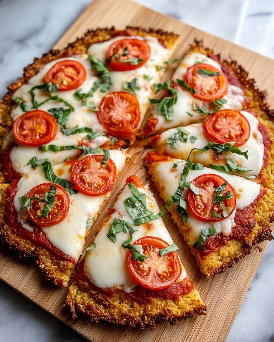 A pizza with a thick, crispy golden-brown crust forms the base, topped with a red tomato sauce layer spread evenly. Above the sauce, there is a melted white cheese layer with a creamy texture, slightly browned in spots. On top of the cheese are round, bright red tomato slices placed on each slice of the pizza, scattered with chopped fresh green basil leaves. The pizza is cut into six triangular slices and placed on a light wooden cutting board, all set on a white marbled textured surface. photo taken with an iphone --ar 4:5 --v 7