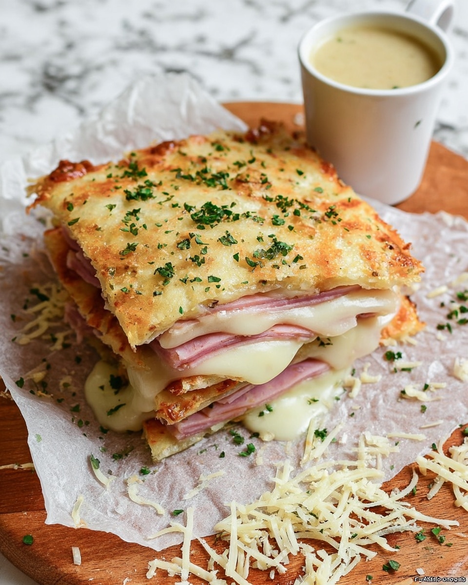 The image shows a square sandwich with three visible layers stacked on a piece of parchment paper over a wooden board. The bottom and top layers are golden-brown flatbread with a slightly crispy texture and sprinkled with shredded cheese and chopped green herbs. Between these flatbreads, there are two layers of thin light pink ham slices, each topped with melted white cheese that looks soft and gooey. Next to the sandwich, there is a small white cup filled with creamy, pale yellow sauce. Cheese shreds and herb bits are scattered on the parchment paper and wooden board around the sandwich. The background is a white marbled surface. photo taken with an iphone --ar 4:5 --v 7