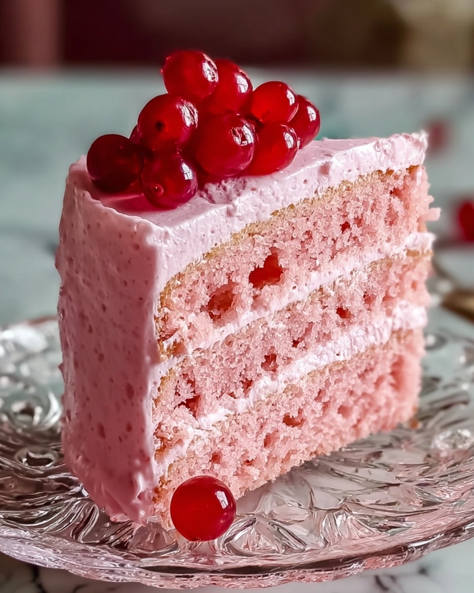A close-up view of a slice of pink layered cake on a clear glass plate with intricate patterns, set on a white marbled texture. The cake has three thick layers of light pink sponge with visible air holes, separated by two layers of smooth, creamy pink frosting. The top of the cake is covered with a thick layer of the same pink frosting, topped with a small cluster of shiny, round red cherries. One cherry lies on the plate near the slice, adding a pop of color contrast. The background is softly blurred to keep the focus on the dessert. photo taken with an iphone --ar 4:5 --v 7