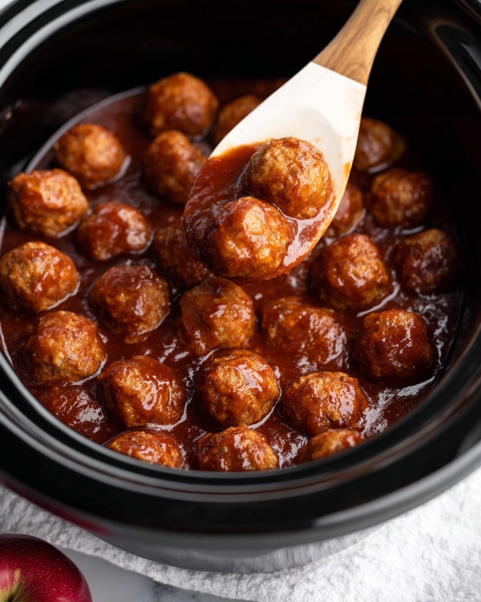 A close-up view of a black slow cooker filled with many small meatballs covered in a thick, shiny reddish-brown sauce, with a white and wooden spoon lifting several meatballs above the rest, showing their round shape and smooth sauce coating. In the lower right corner, a red apple sits on a white textured cloth against a white marbled surface background. The image shows rich textures of the meatballs and the sauce in a single visible layer. photo taken with an iphone --ar 4:5 --v 7